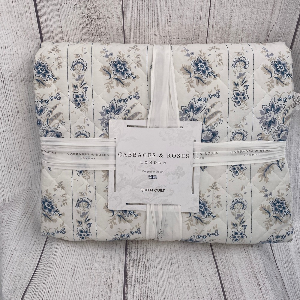 Cabbages & Roses India Rose Queen Quilt Blue Floral Cotton Percale Cottagecore